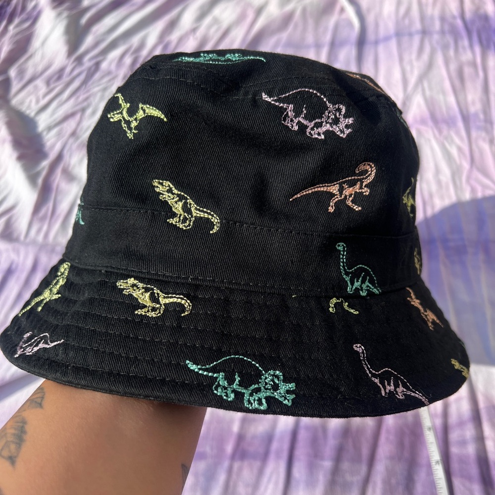 Multicolored Embroidered Dinosaur Black Bucket Hat
